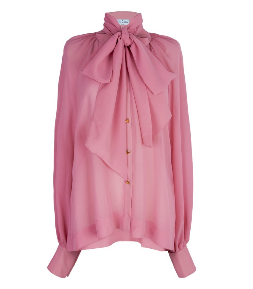 SILK CHIFFON BLOUSE WITH NECKTIE — VIVID ROSE