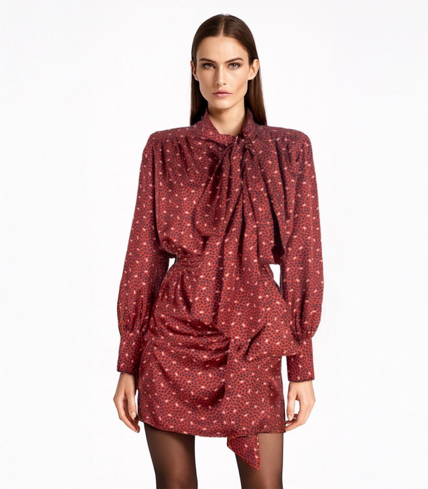 SCARLET SILK TWILL DRAPED MINI DRESS - Image 2