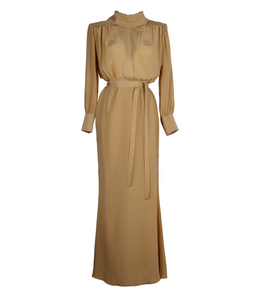 LONG SILK CREPE DE CHINE DRESS WITH METAL BUTTON BACK DETAIL