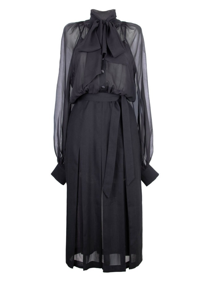 WOOL & SILK MIDI DRESS WITH NECKTIE