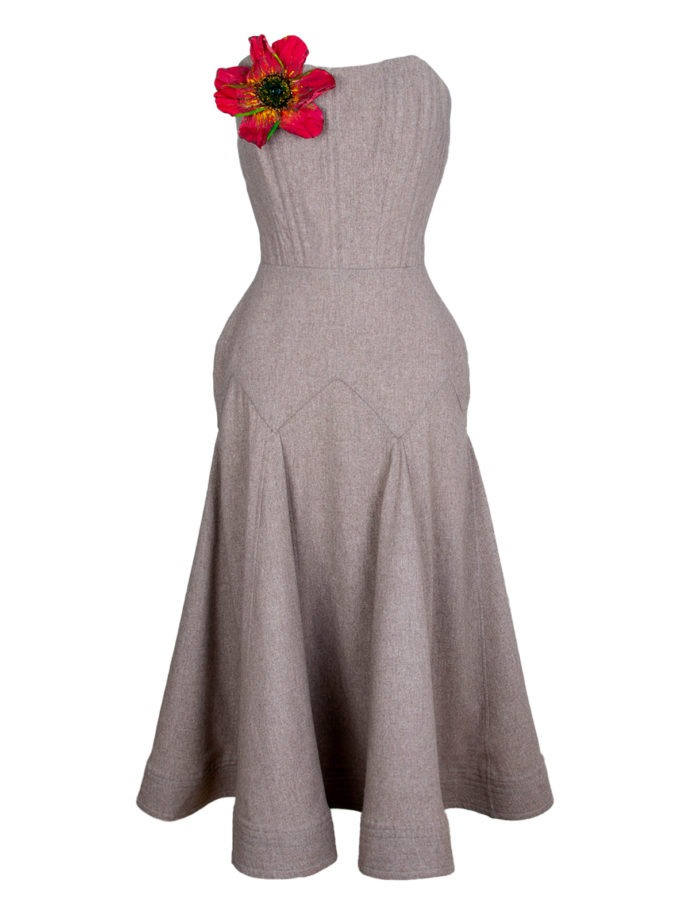 COUTURE CORSET DRESS WITH HAND-PAINTED SILK FLOWER