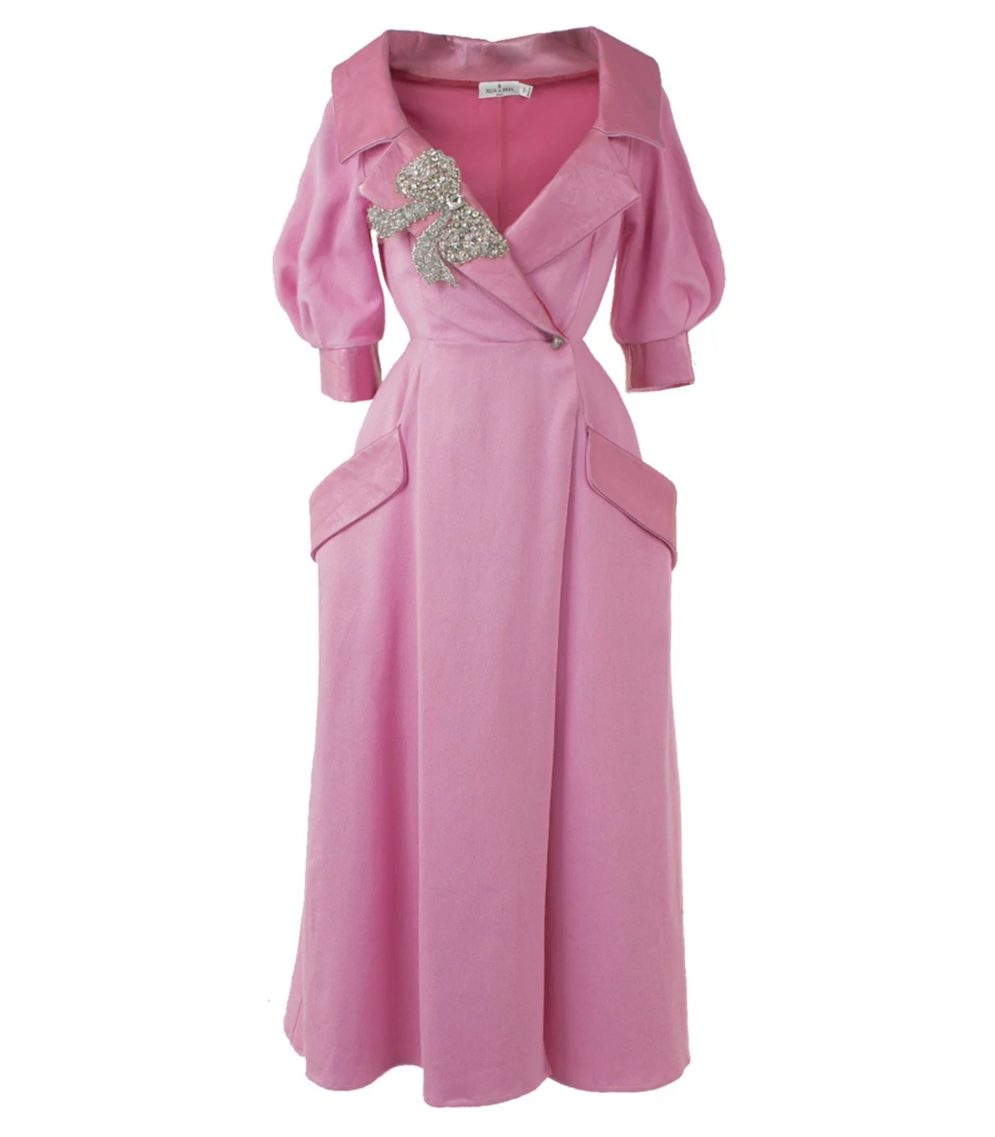 DUAL-FABRIC WRAP DRESS WITH EMBROIDERY AND EMBELLISHMENTS OF CRYSTALS