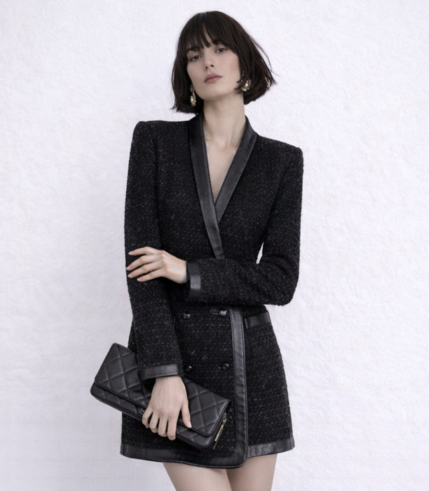 BOUCLÉ TWEED & LEATHER BLAZER DRESS - Image 2