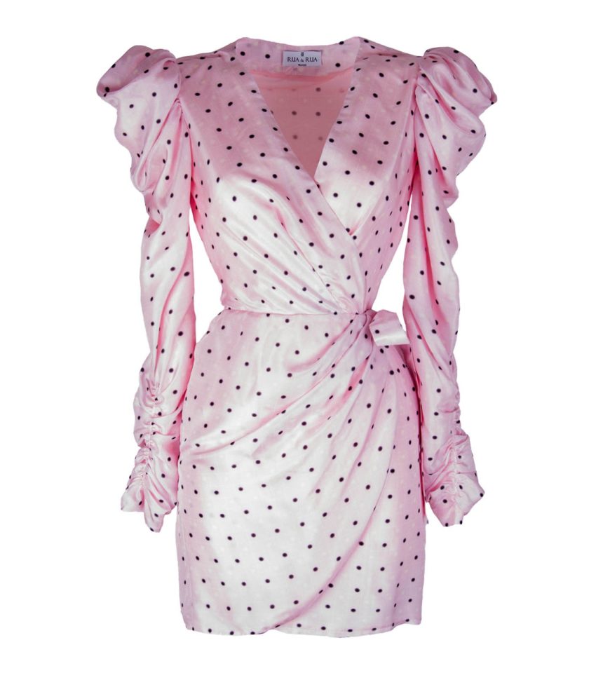 POLKA DOT DRAPED SHORT SILK WRAP DRESS