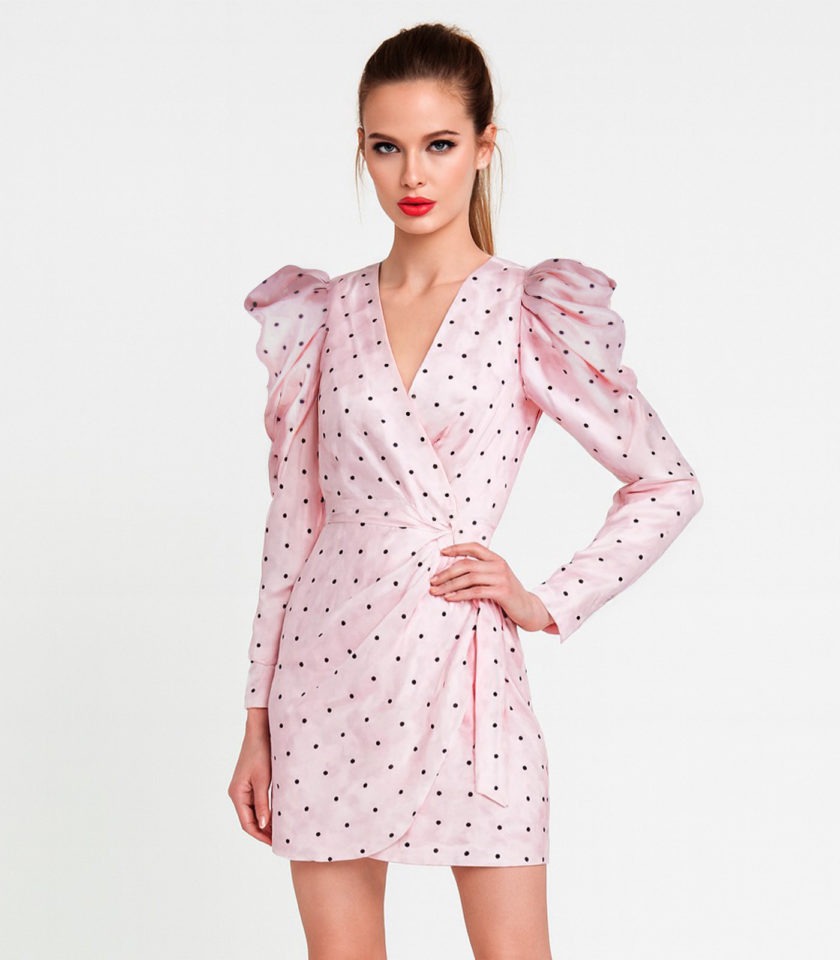 POLKA DOT DRAPED SHORT SILK WRAP DRESS - Image 2