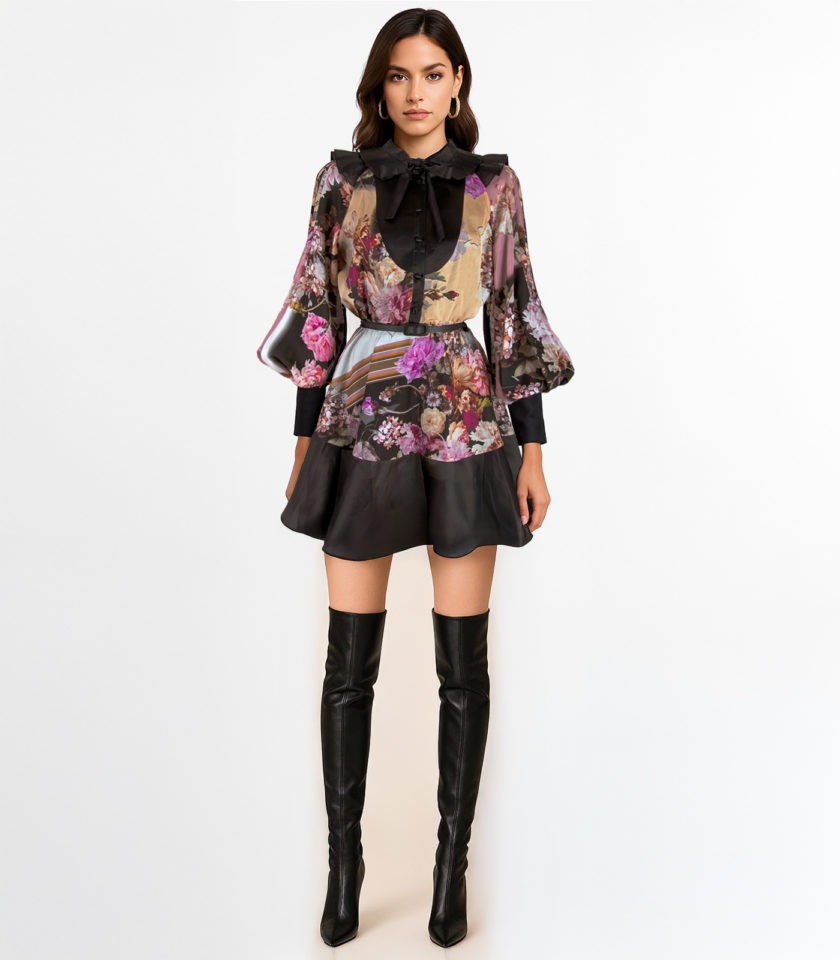 DUAL-FABRIC SHORT SILK DRESS - Image 2