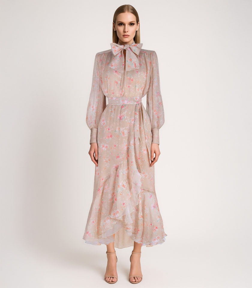 FLORAL PRINT SILK DRESS WITH BOW COLLAR - Image 2