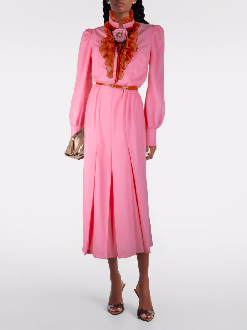 RUFFLED WOOL MIDI DRESS WITH FLOWER BROOCH - Image 2
