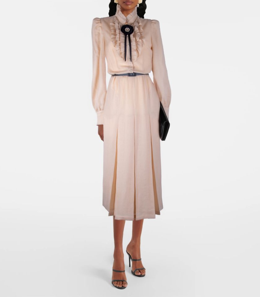 RUFFLED WOOL MIDI DRESS WITH BROOCH - Image 2
