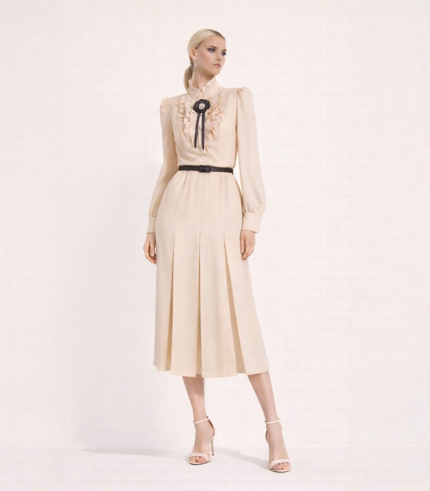 RUFFLED WOOL MIDI DRESS WITH BROOCH - Image 2