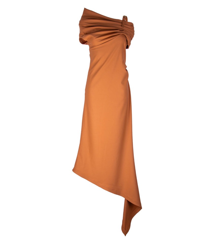 ASYMMETRICAL LONG STRETCH-WOOL COCKTAIL DRESS