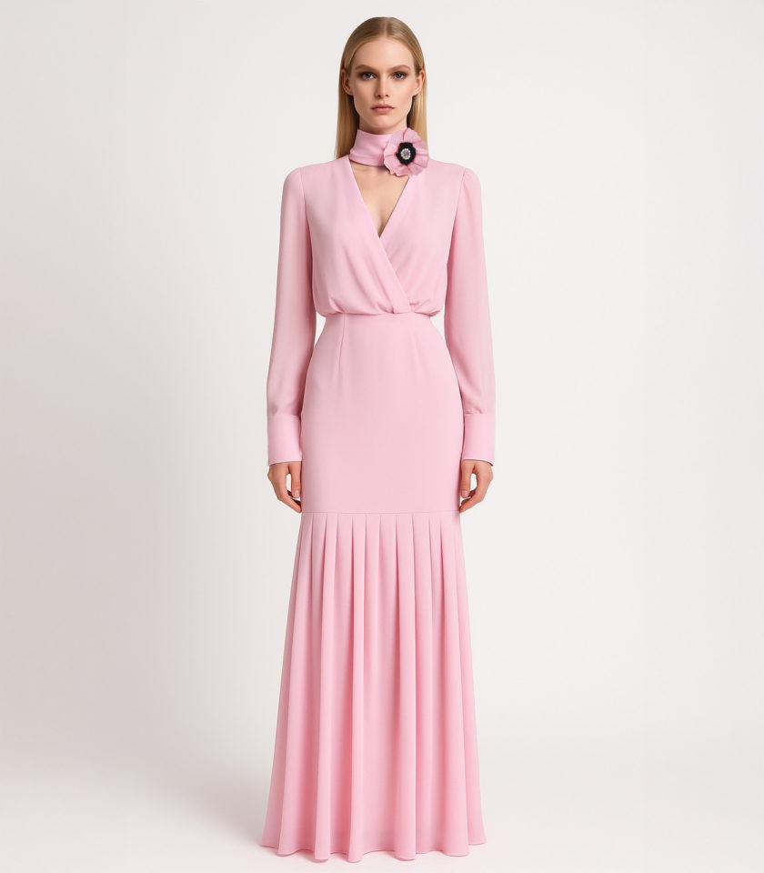 LONG SILK DRESS WITH FLOWER DECORATION - Image 2