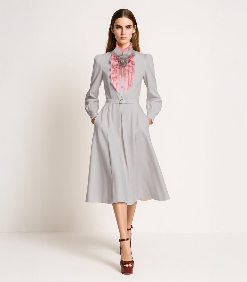 RUFFLED WOOL MIDI DRESS WITH BROOCH - Image 2