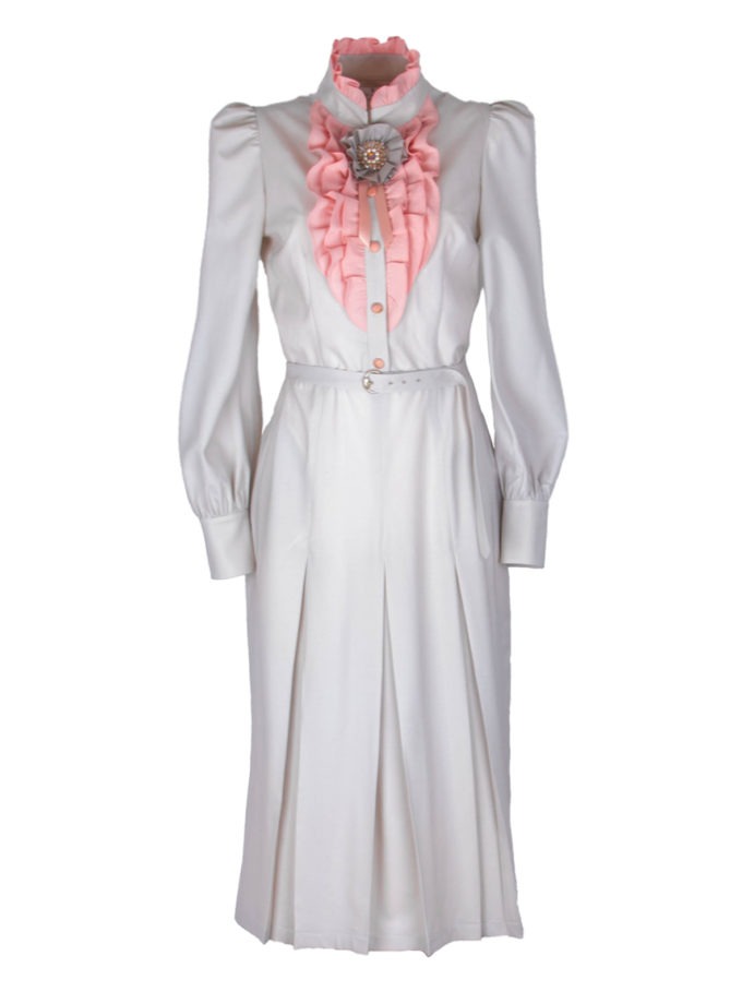 RUFFLED WOOL MIDI DRESS WITH BROOCH