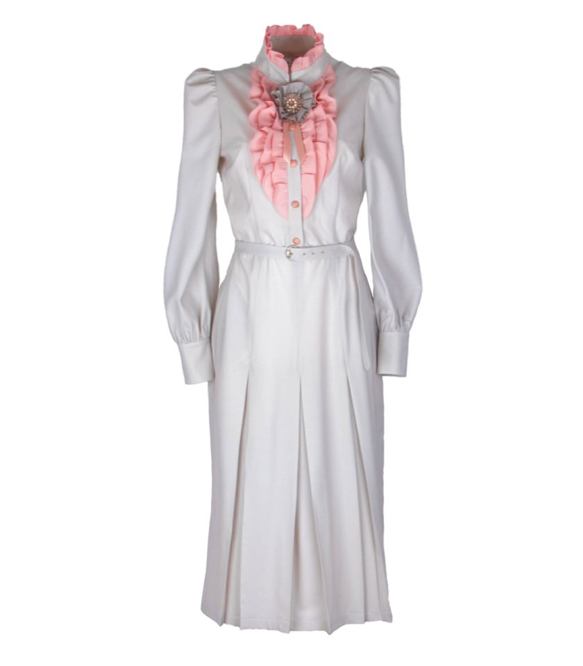 RUFFLED WOOL MIDI DRESS WITH BROOCH