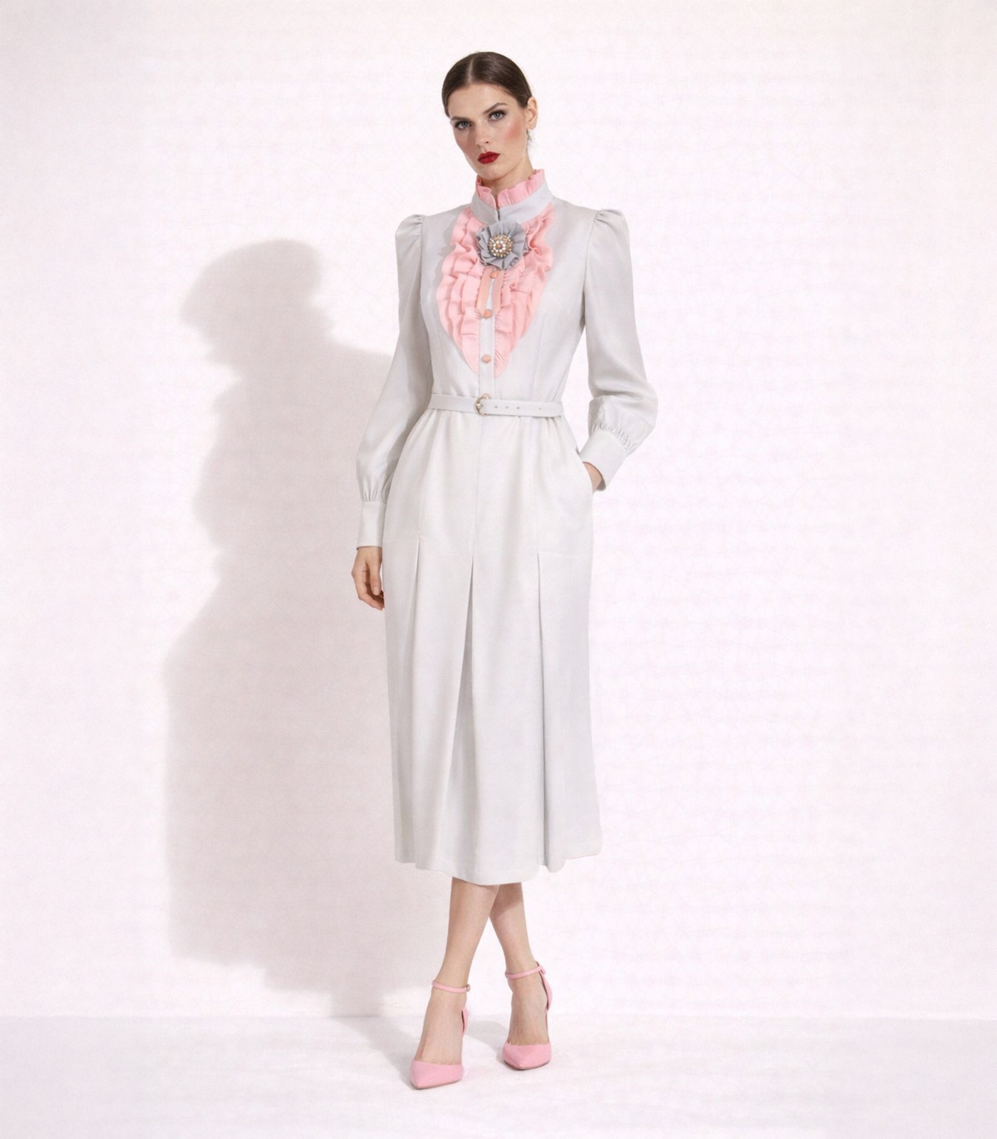 RUFFLED WOOL MIDI DRESS WITH BROOCH - Image 2