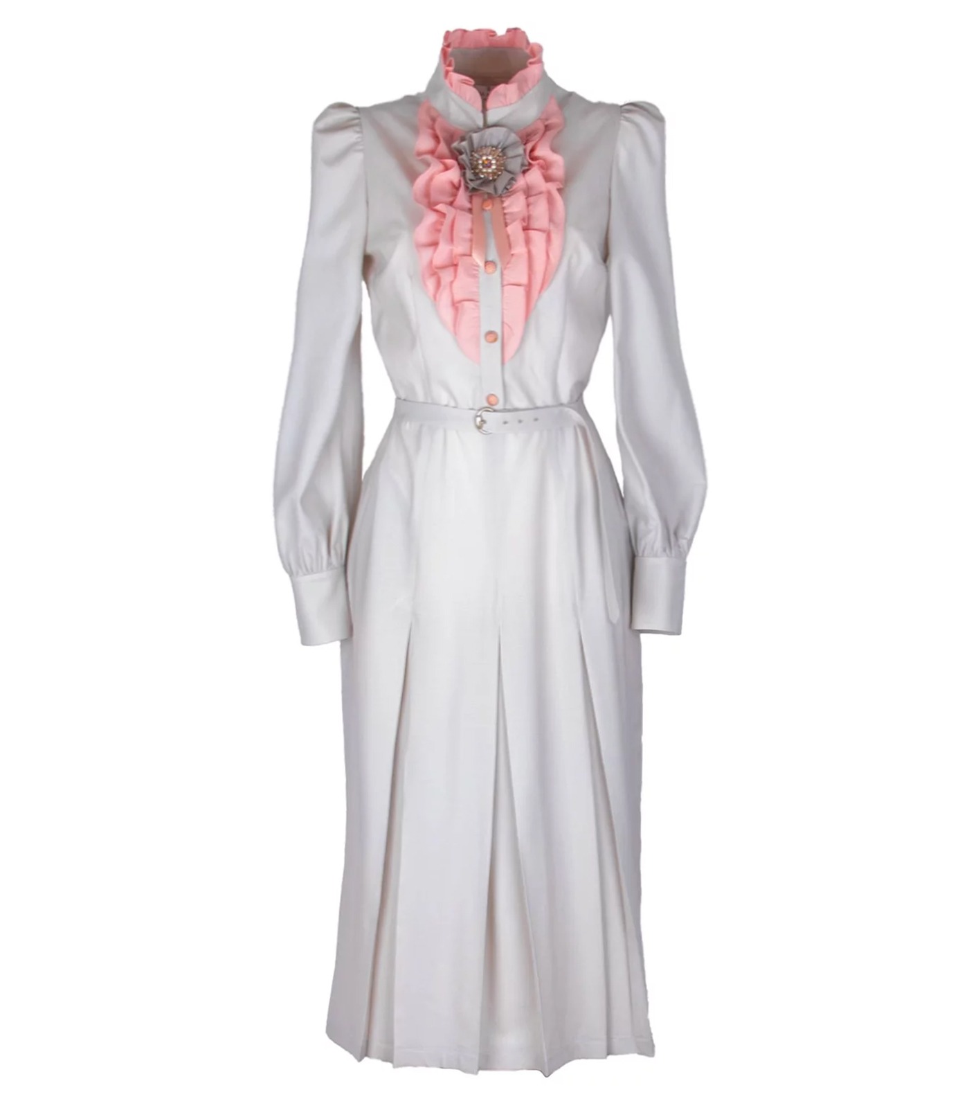 RUFFLED WOOL MIDI DRESS WITH BROOCH