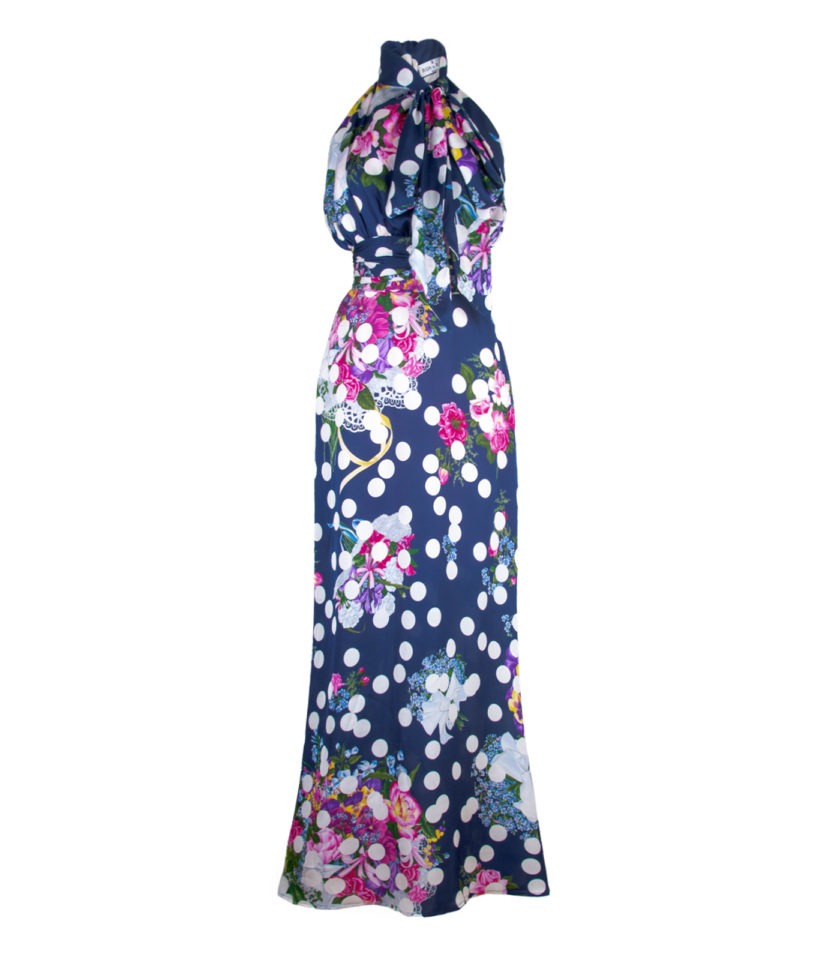 LONG HALTERNECK GOWN WITH OVERSIZED BOW – FLORAL POLKA DOT PRINT