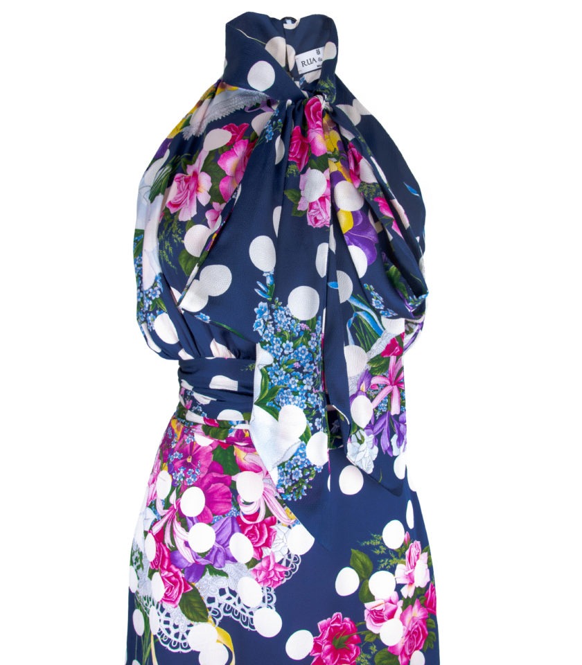 LONG HALTERNECK GOWN WITH OVERSIZED BOW – FLORAL POLKA DOT PRINT - Image 3