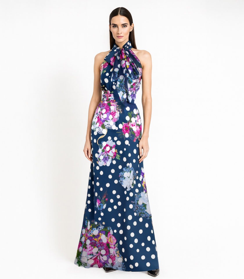 LONG HALTERNECK GOWN WITH OVERSIZED BOW – FLORAL POLKA DOT PRINT - Image 2