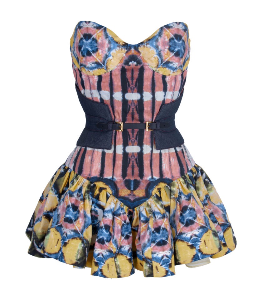 MINI COTTON CORSET DRESS WITH DRAPED SKIRT AND DENIM CORSET BELT