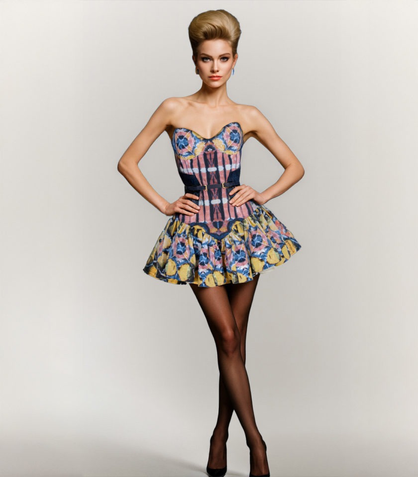 MINI COTTON CORSET DRESS WITH DRAPED SKIRT AND DENIM CORSET BELT - Image 2