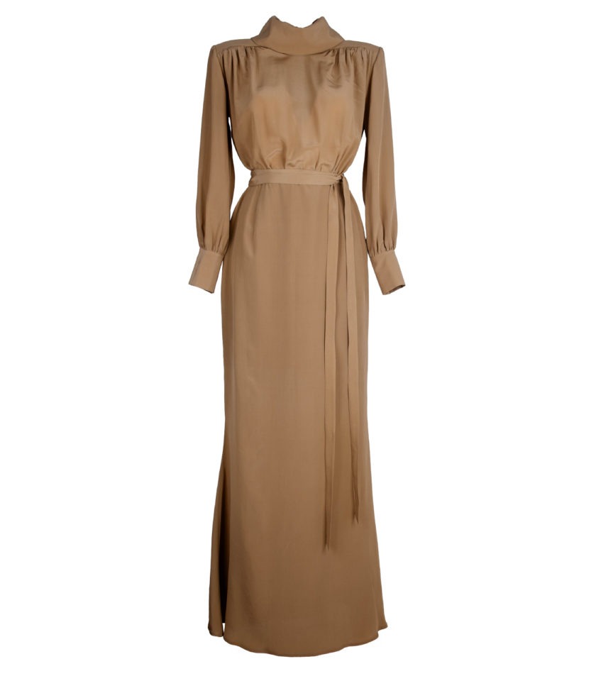 LONG SILK CREPE DE CHINE DRESS WITH METAL BUTTON BACK DETAIL