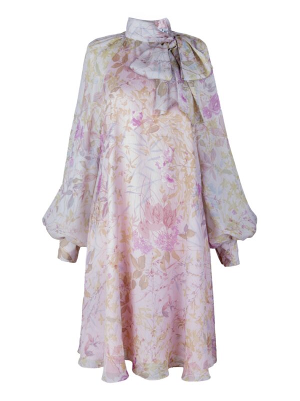 Floral Print Silk Dress With Bow Collar