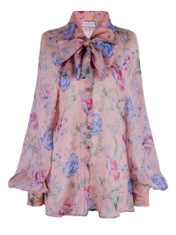 Floral Sheer Silk Shirt With Bow Collar