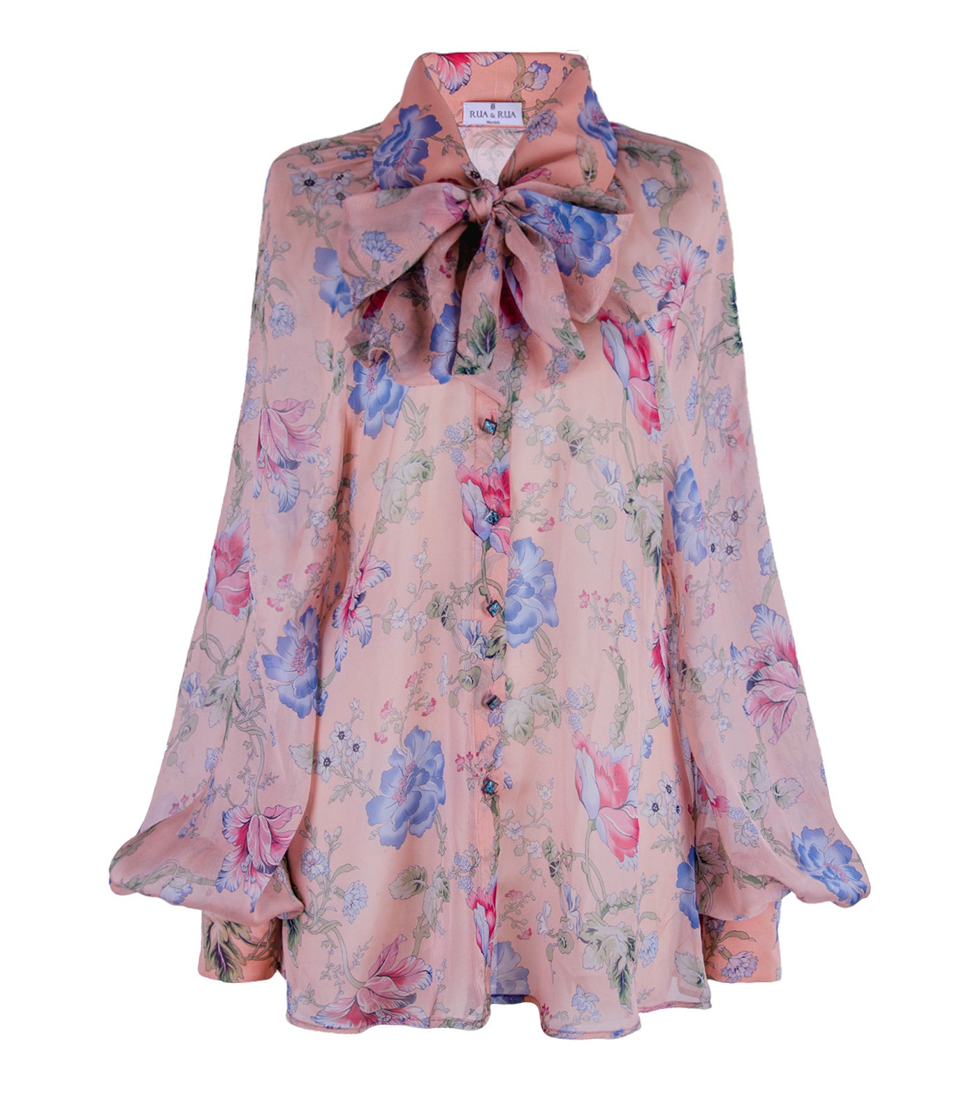 Floral Sheer Silk Shirt With Bow Collar