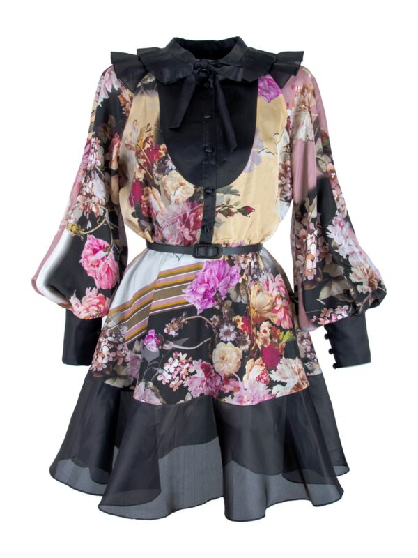Dual-Fabric Short Silk Dress
