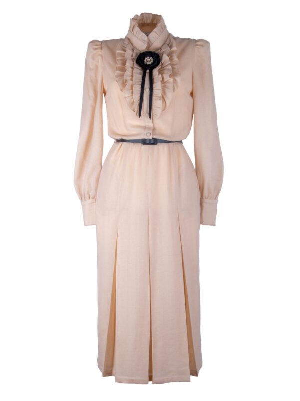 Ruffled Wool Midi Dress With Brooch