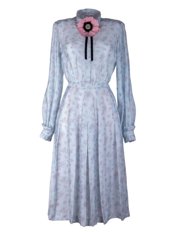 Silk Pleat Dress With Flower Brooch