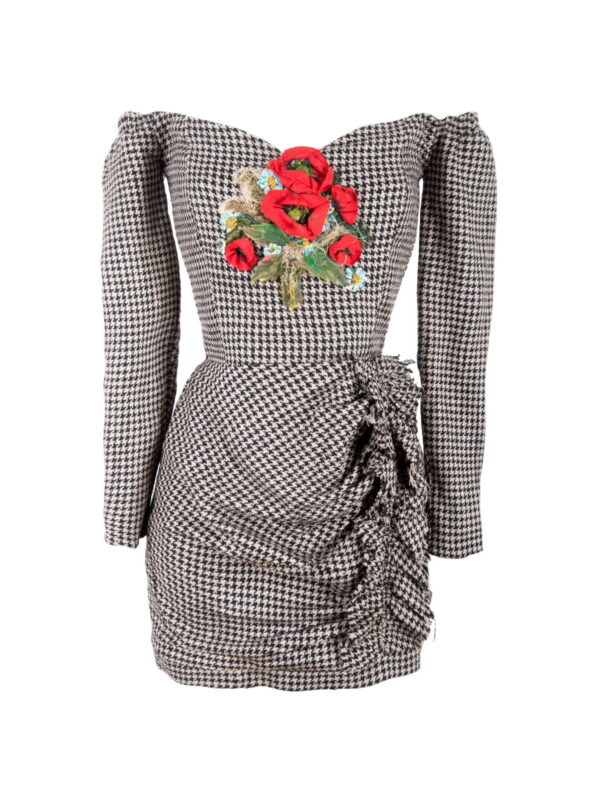 Off-Shoulder Silk Short Dress With Hand Embroidery