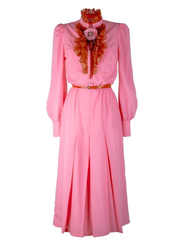Ruffled Wool Midi Dress With Flower Brooch