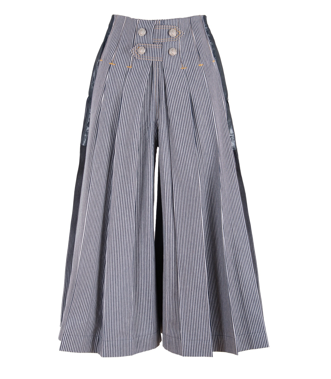 Denim Pleated Wide Leg Pants With Deep Side Slits