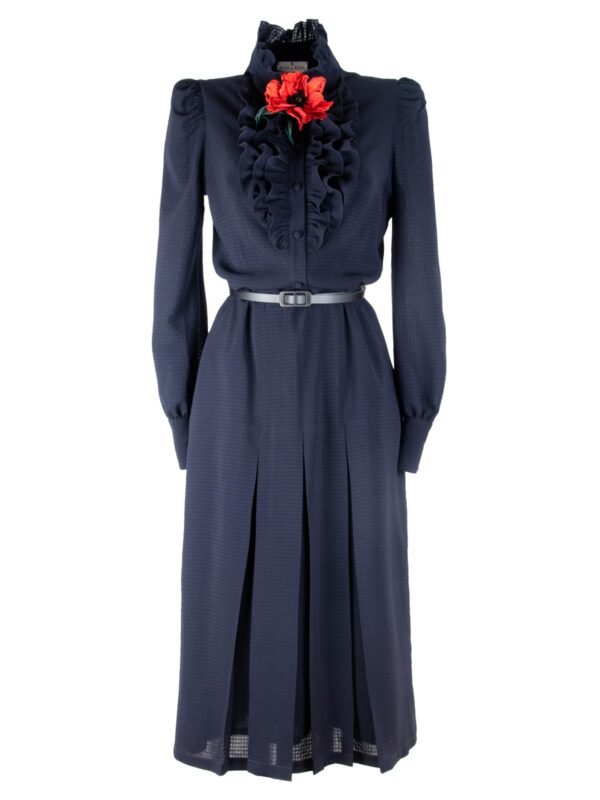 Ruffled Wool Midi Dress With Leather Flower Brooch
