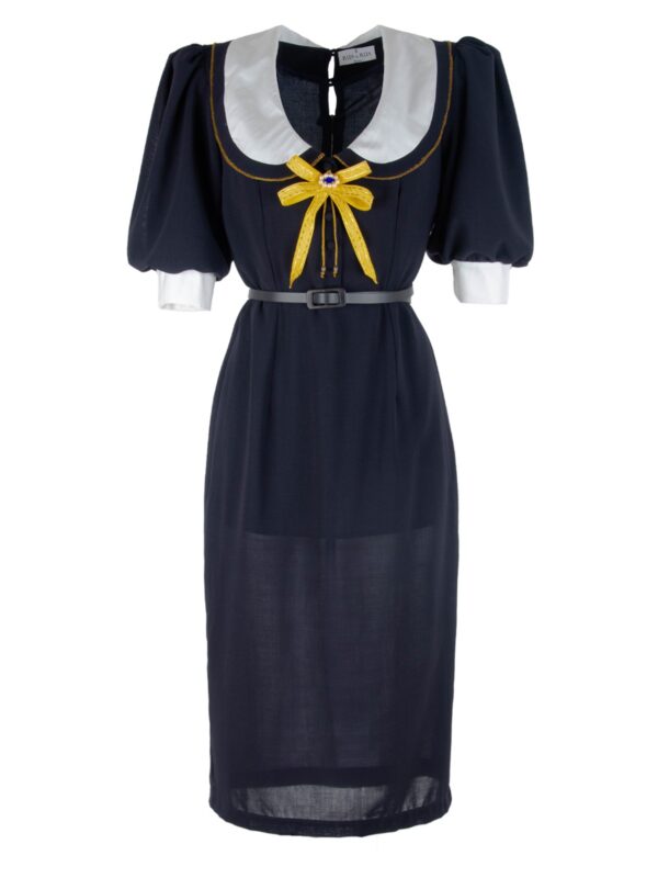 Wool Midi Dress With Wide Silk Collar And Bow