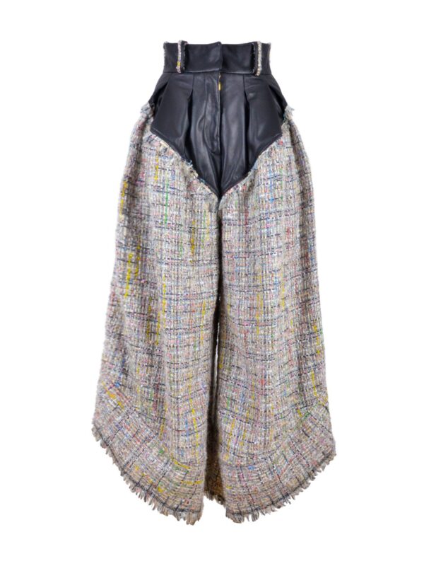 Bouclé Tweed Leather High-Waisted Wide-Leg Trousers