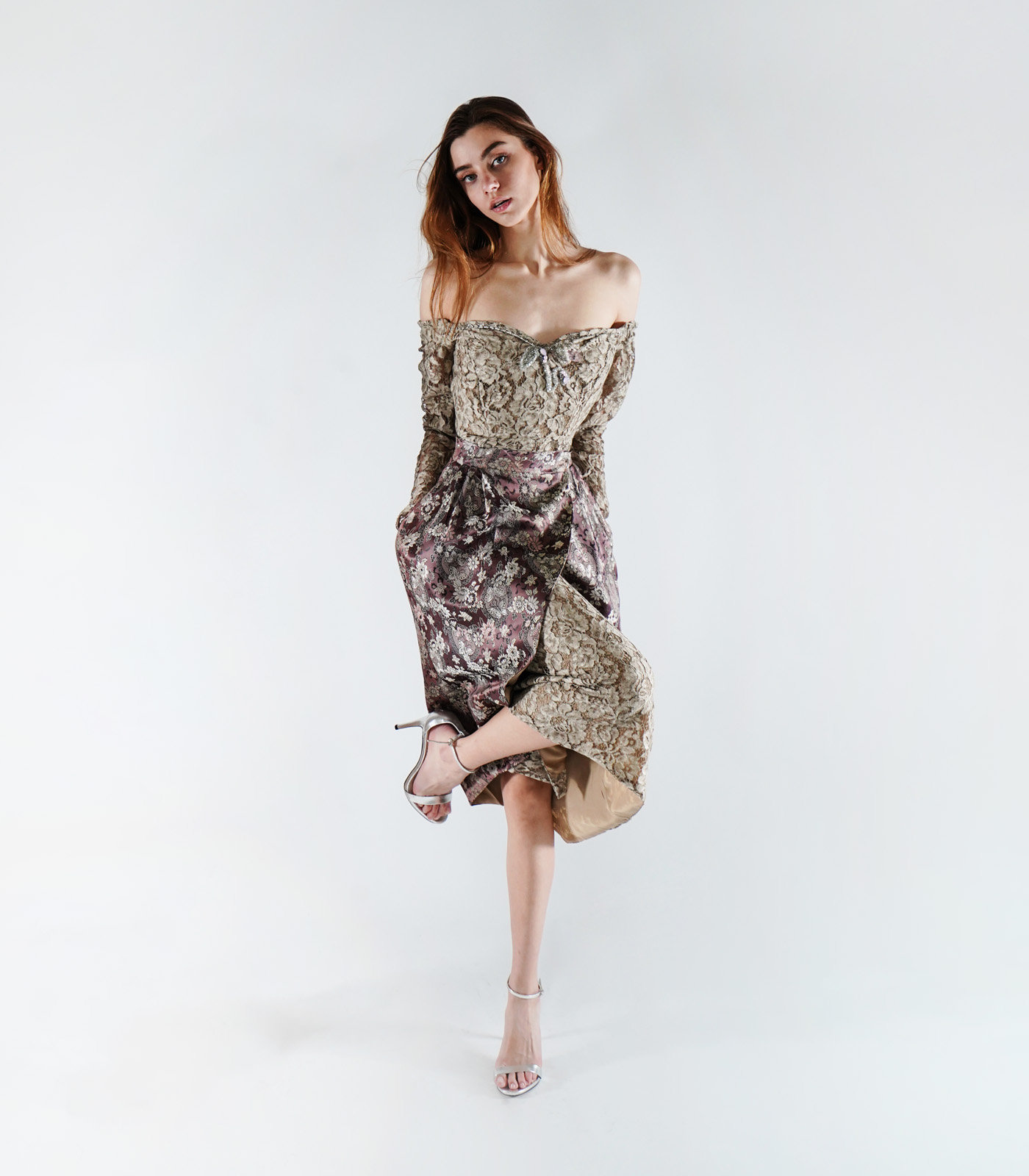 Off-Shoulder Lace Bustier Dress With Embroidery And Embellishments Of Crystals - Image 2