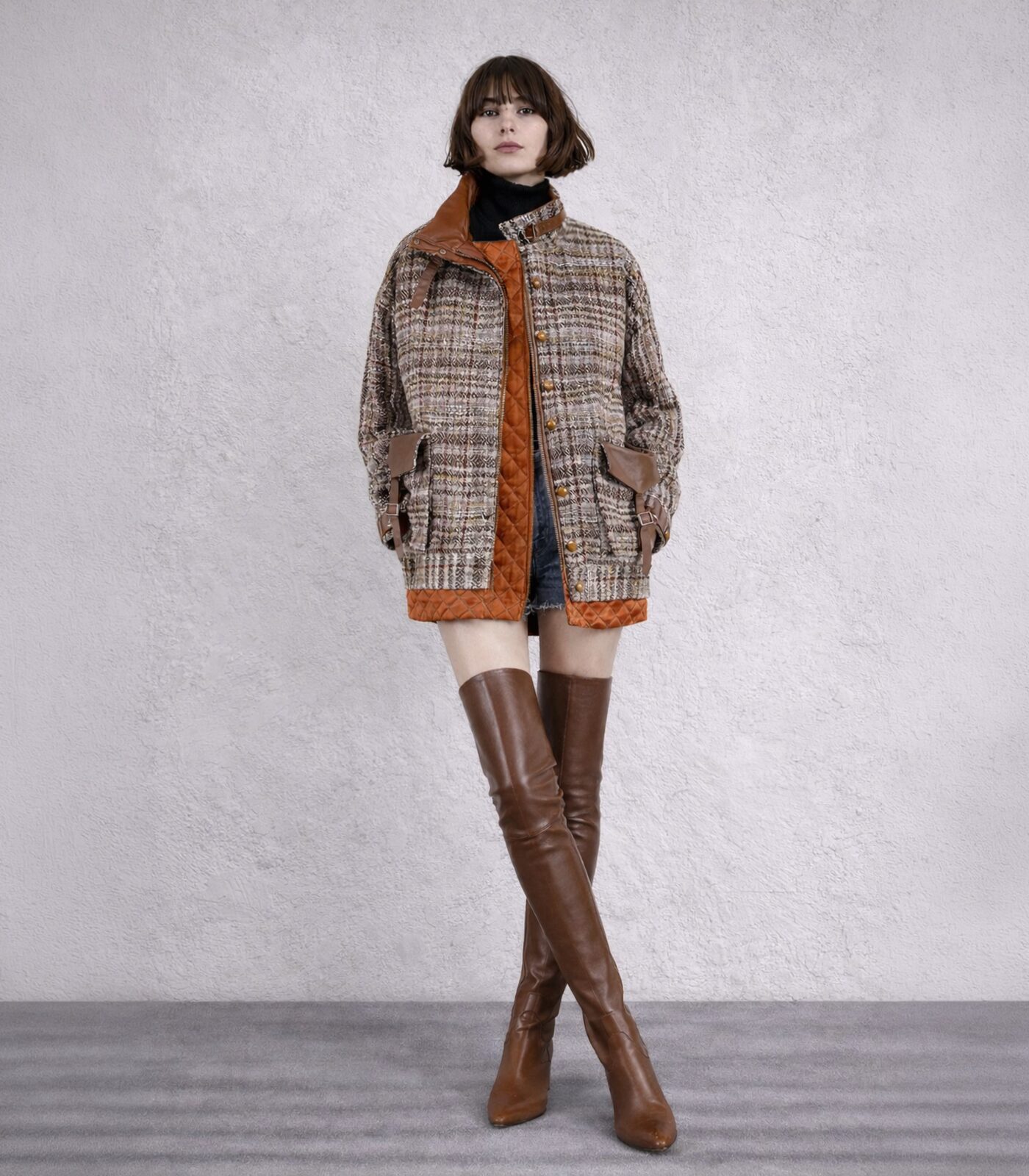 Oversized Tweed & Leather Blouson Jacket - Image 2