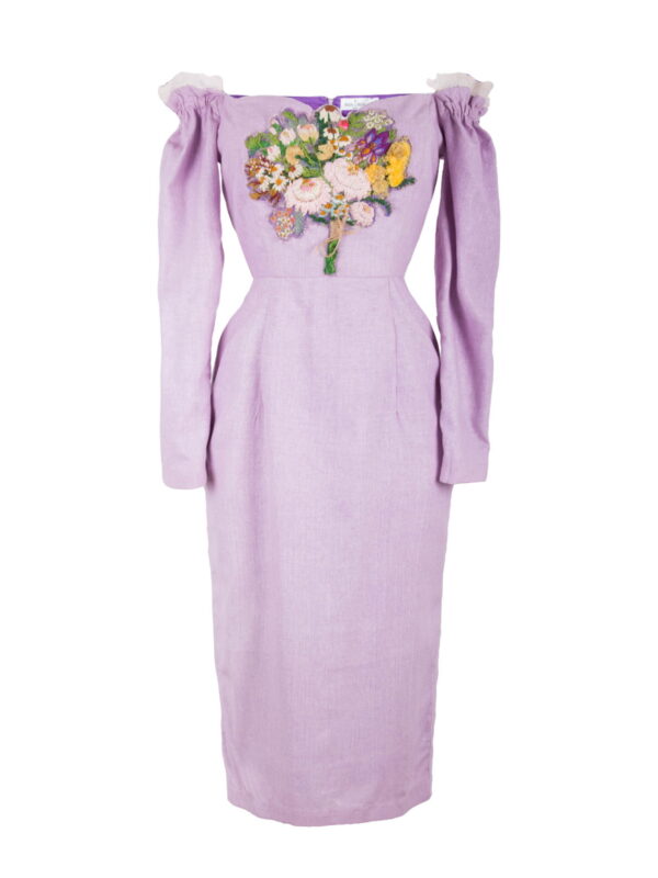 Off-Shoulder Silk Dress With Hand Embroidery