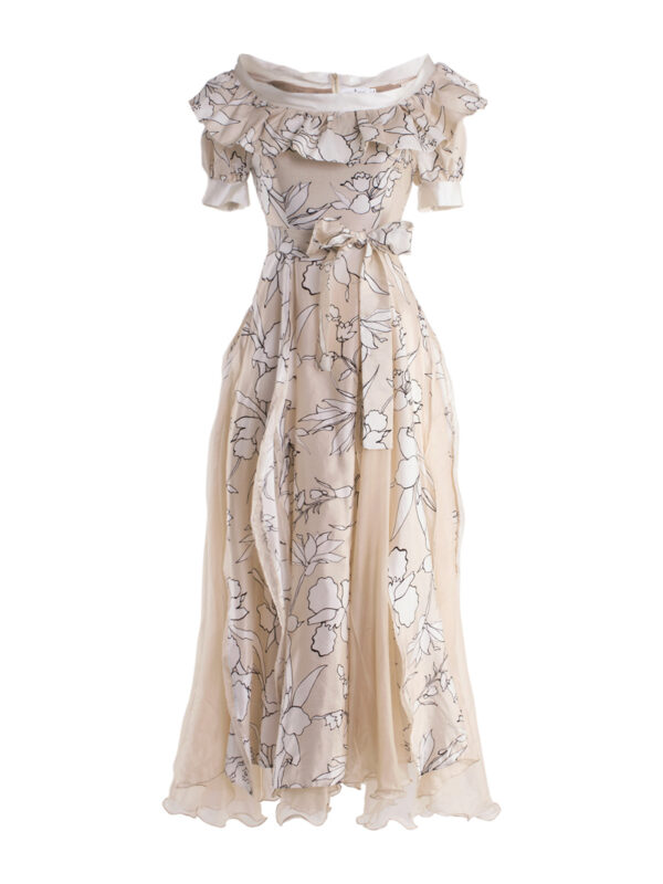 Off-Shoulder Silk Puff Sleeve Asymmetrical Long Dress