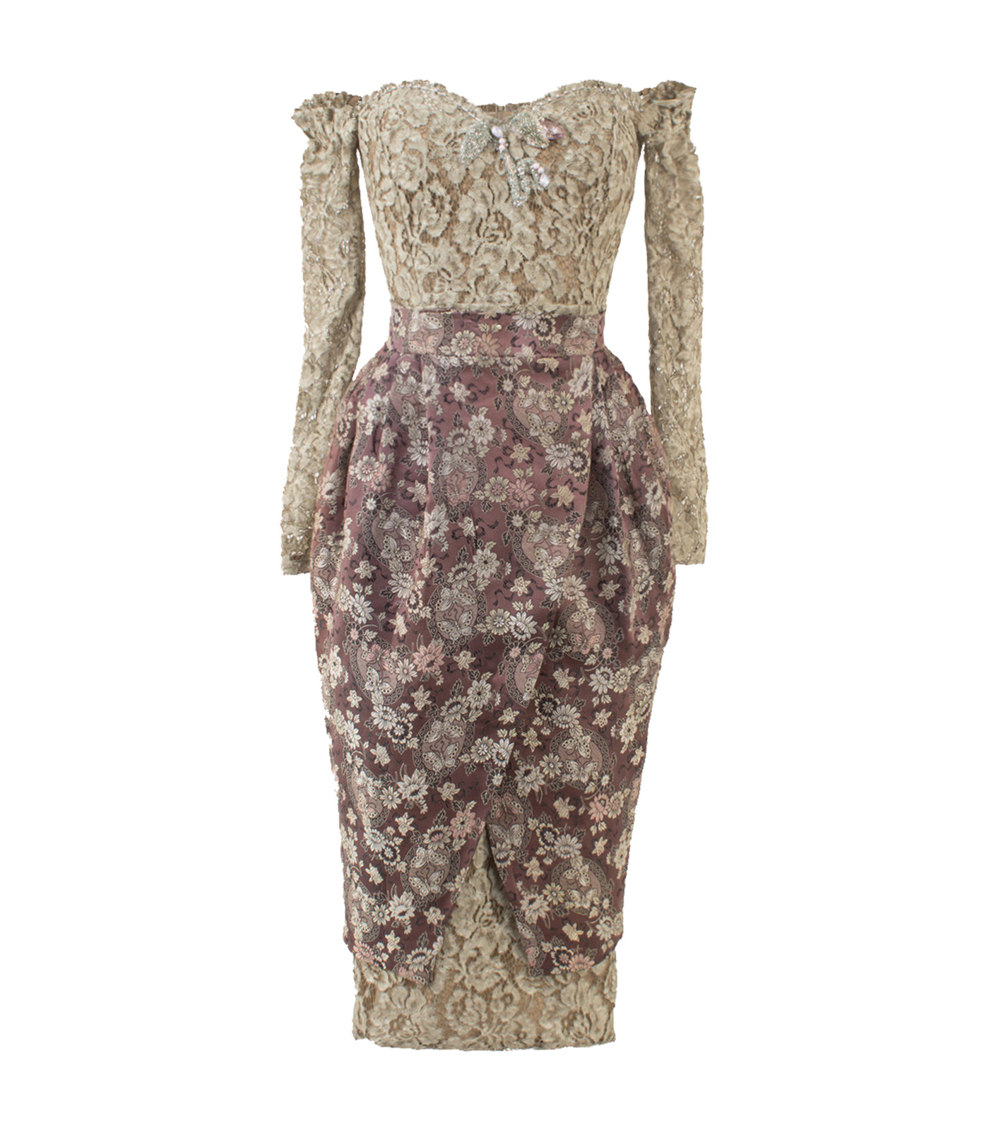 Off-Shoulder Lace Bustier Dress With Embroidery And Embellishments Of Crystals