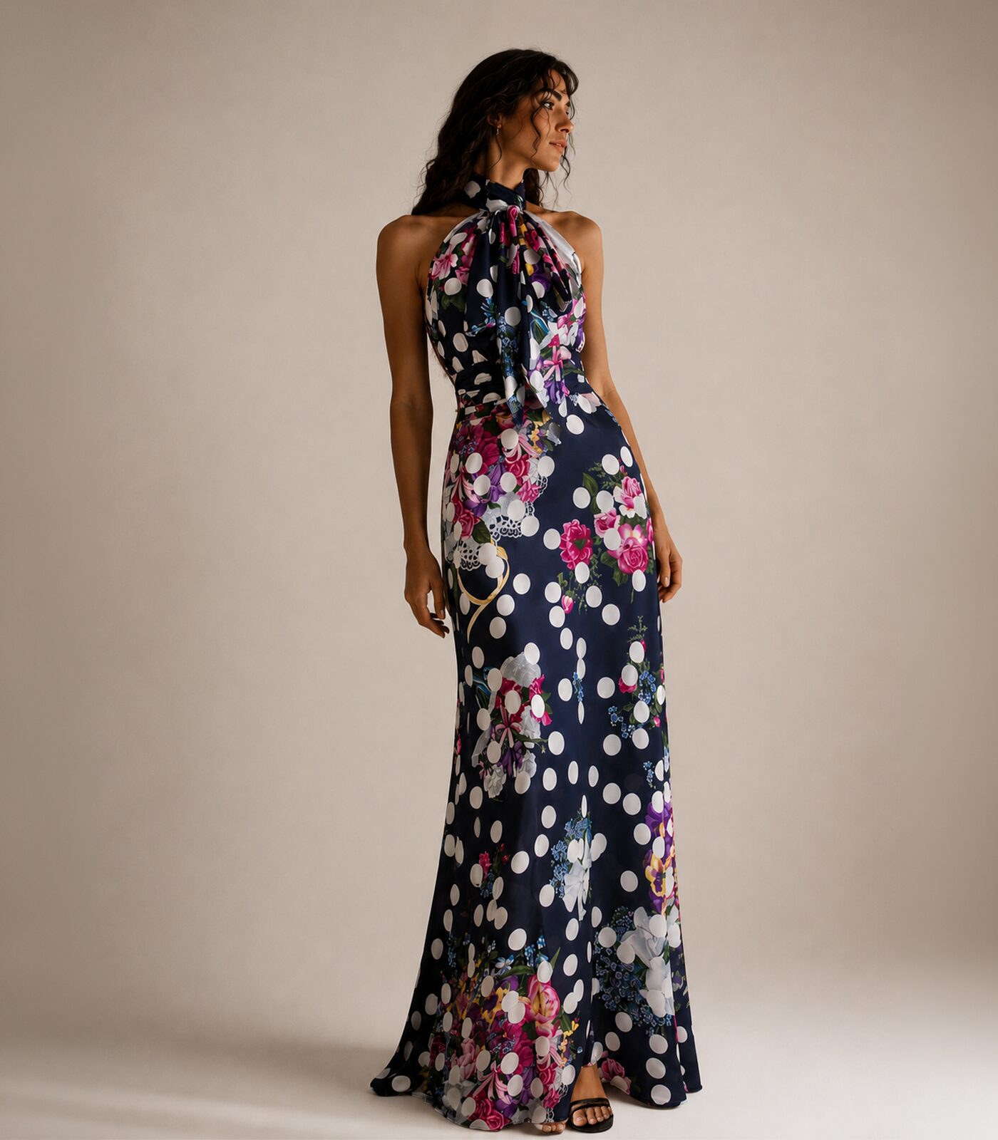 Long Halterneck Gown With Oversized Bow – Floral Polka Dot Print