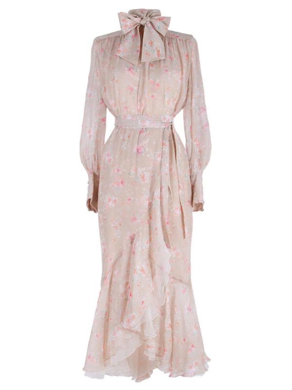 Floral Print Silk Dress With Bow Collar