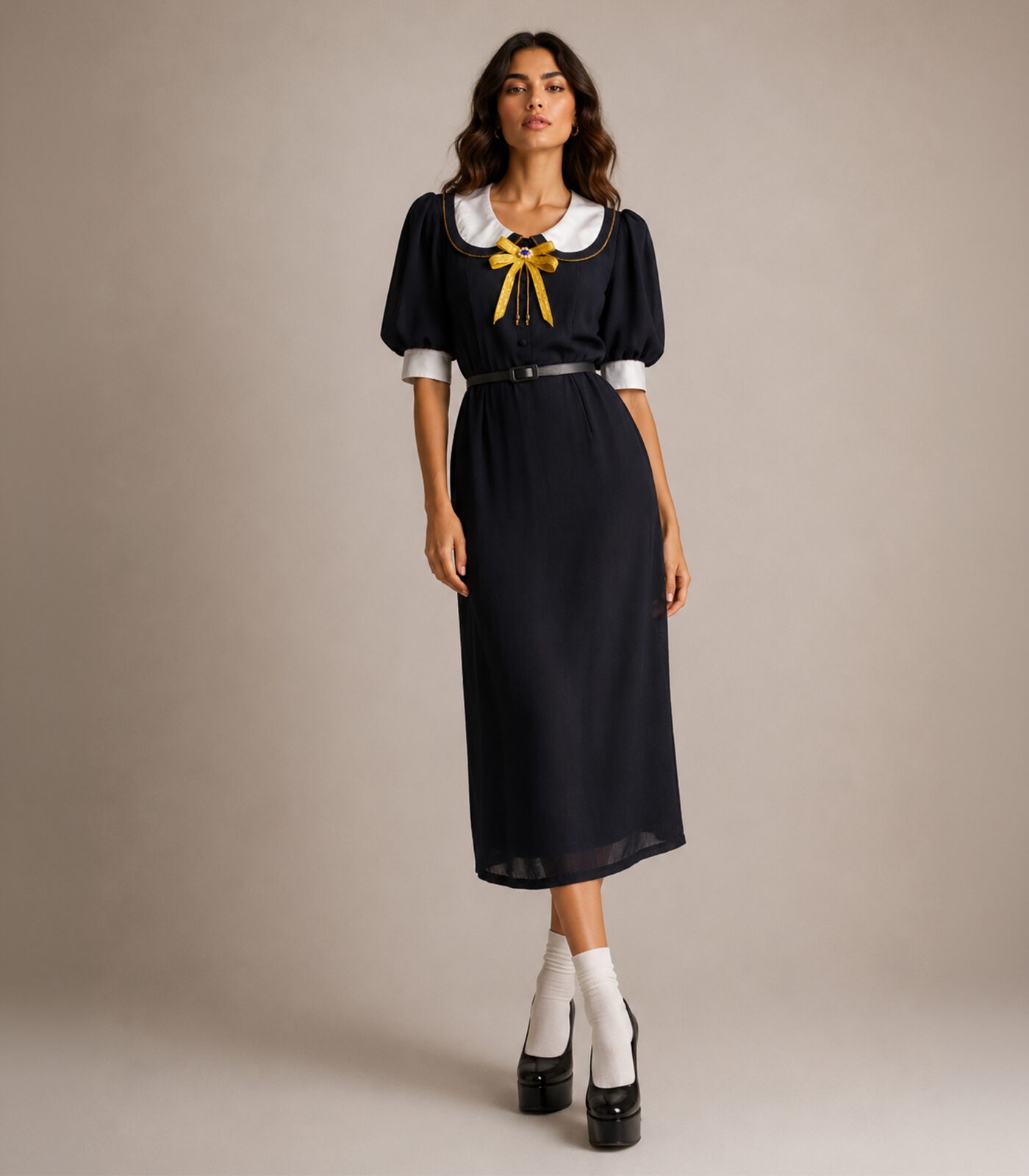 Wool Midi Dress With Wide Silk Collar And Bow - Image 2