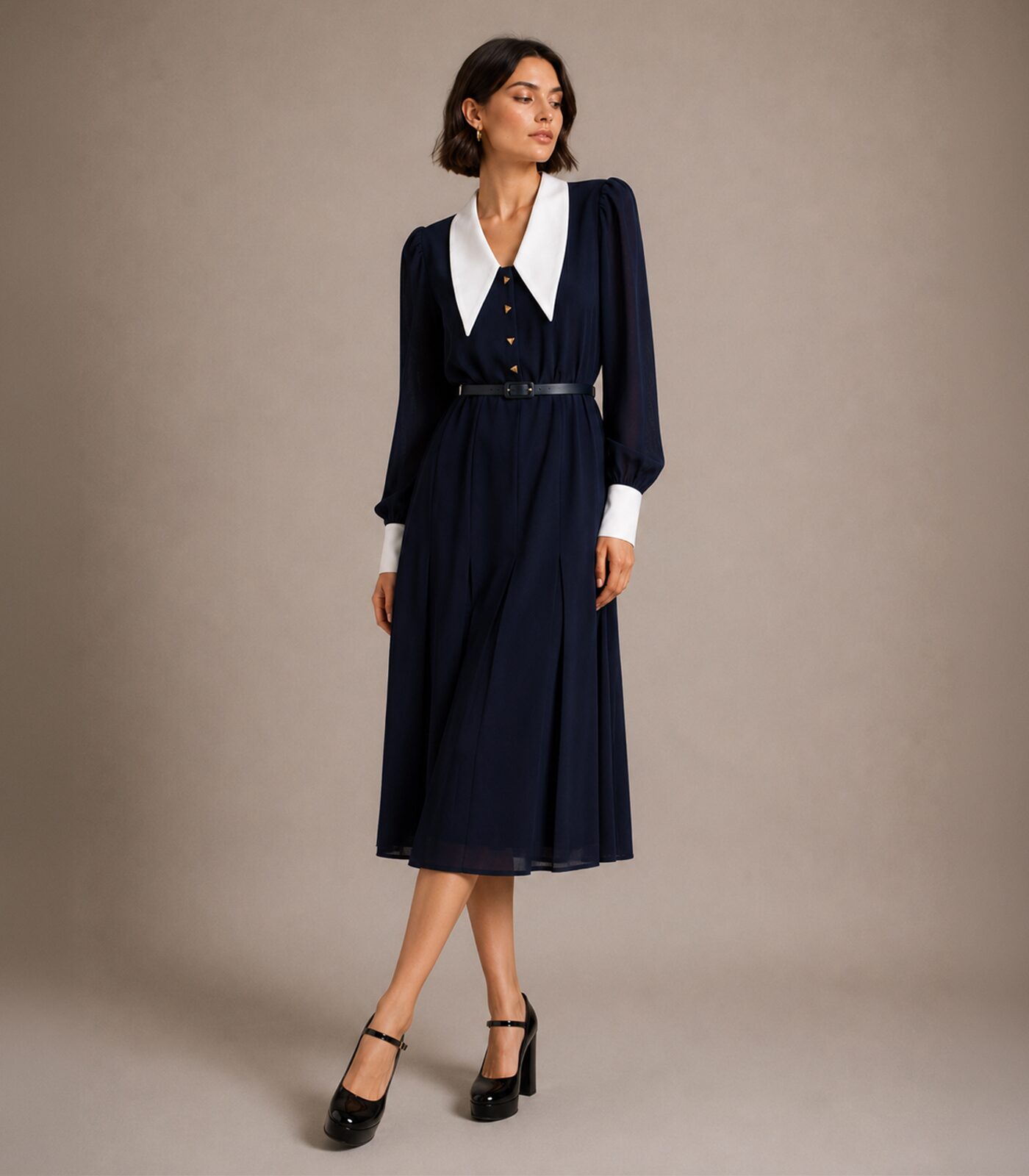 Wool Midi Dress With Wide Silk Collar - Image 2