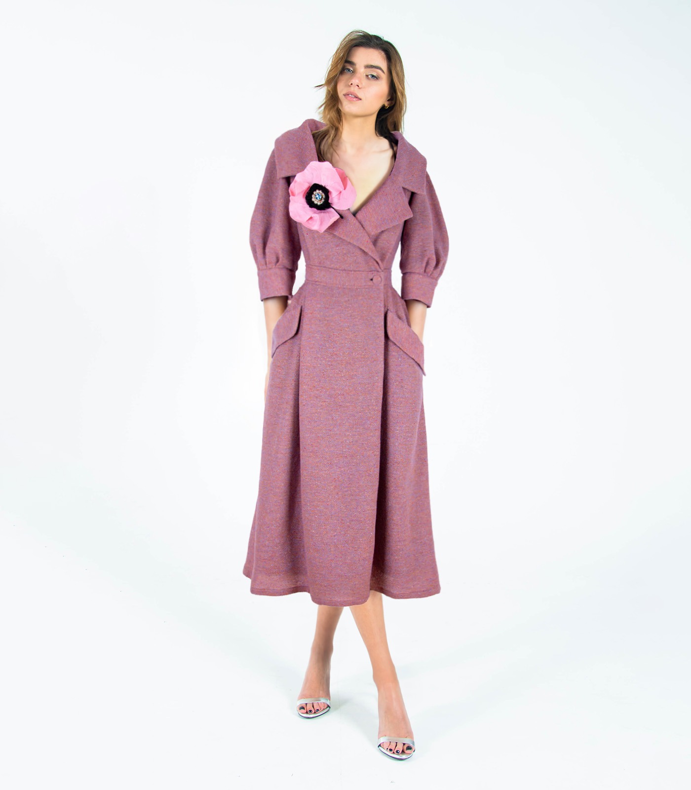 Wool Wrap Dress With Flower Decoration - Image 2