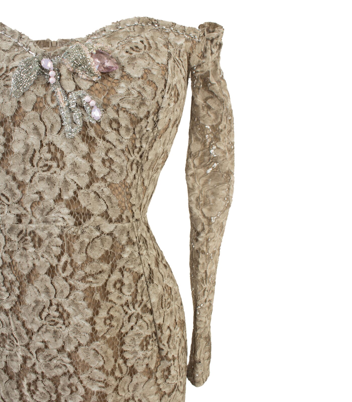Off-Shoulder Lace Bustier Dress With Embroidery And Embellishments Of Crystals - Image 3